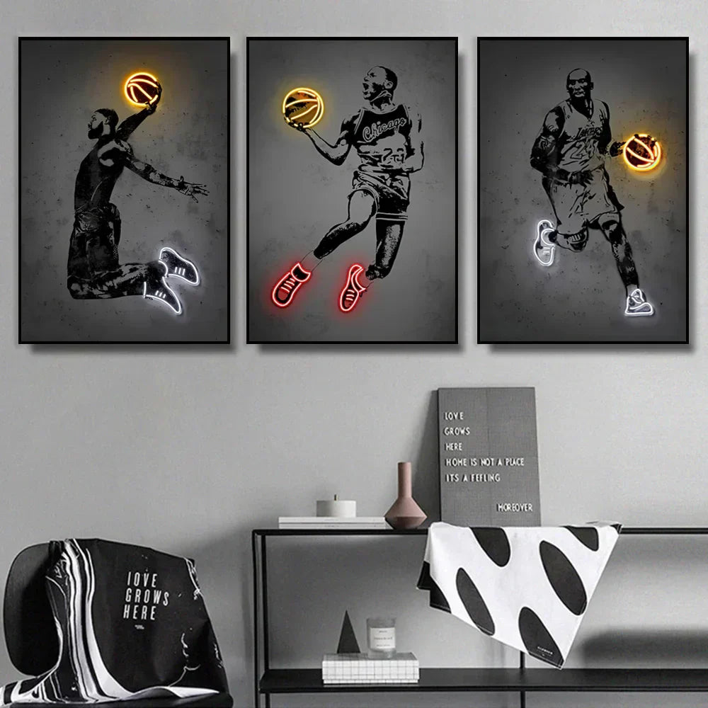 Modern neon basketball wall art bedroom sports stars decor