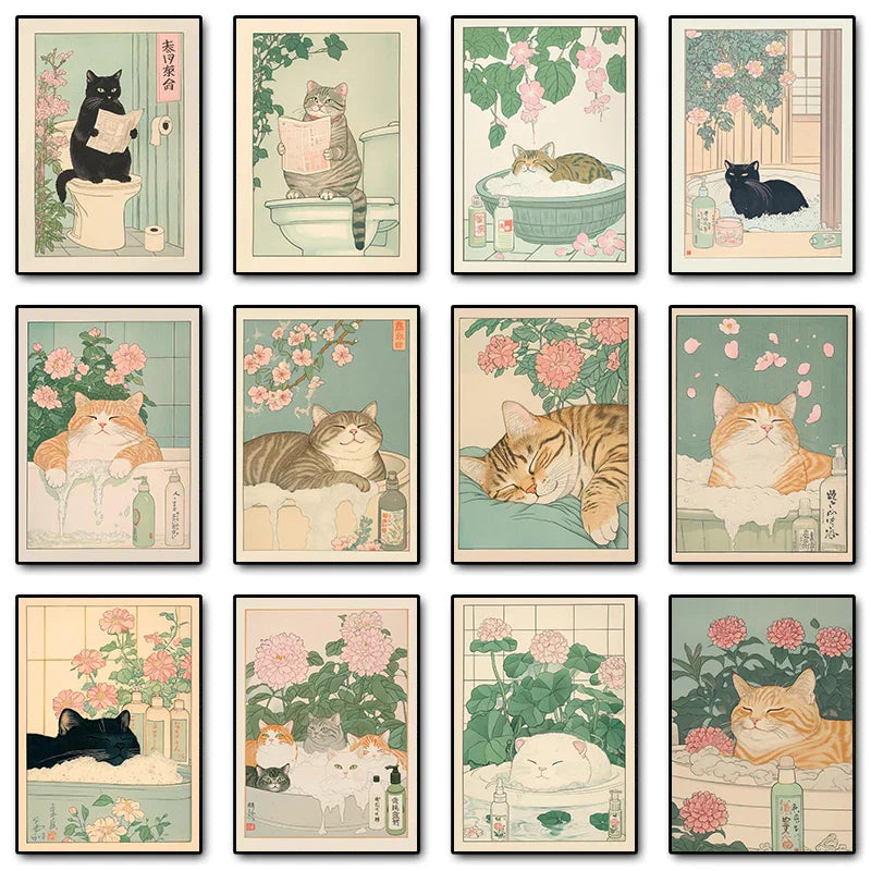 Vintage pastel tabby cat wall art set of 12 bathroom decor