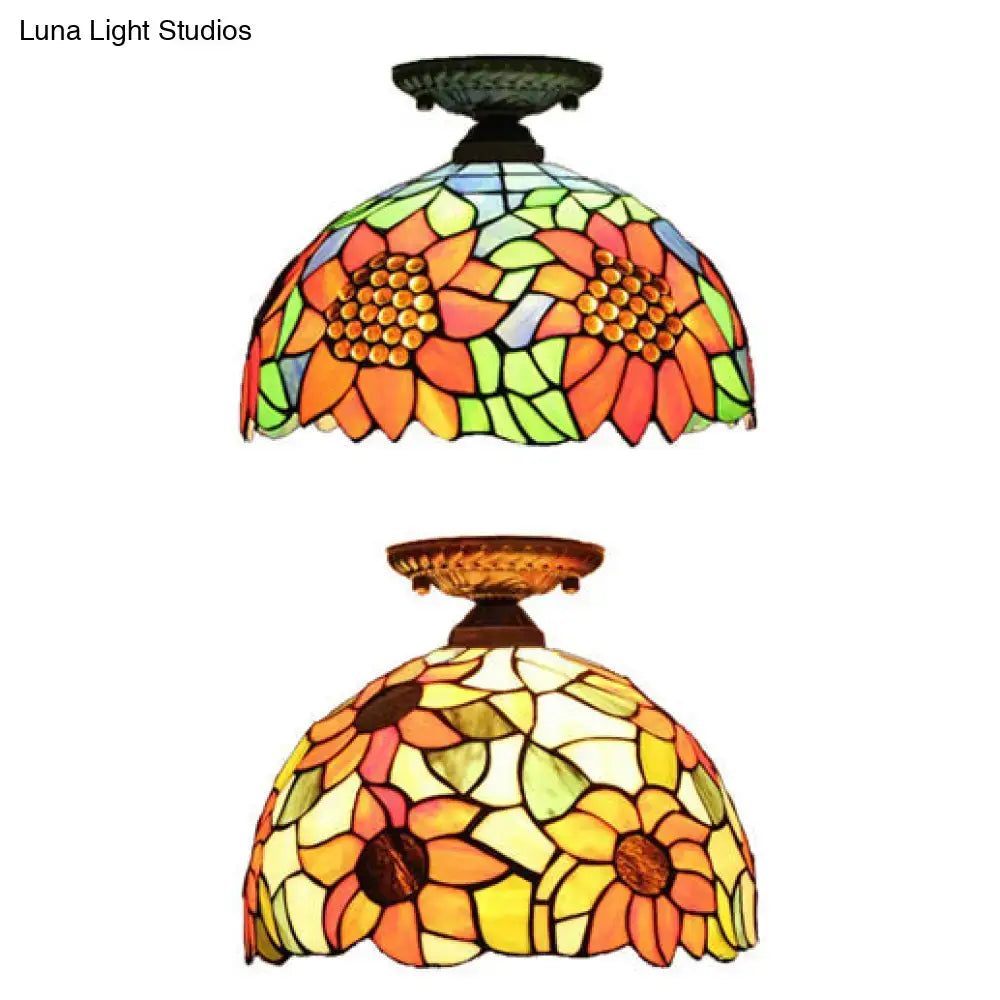 Tiffany sunflower stained glass semi flush mount bedroom light