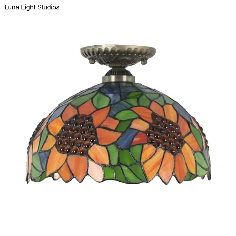 Tiffany sunflower stained glass semi flush mount bedroom light