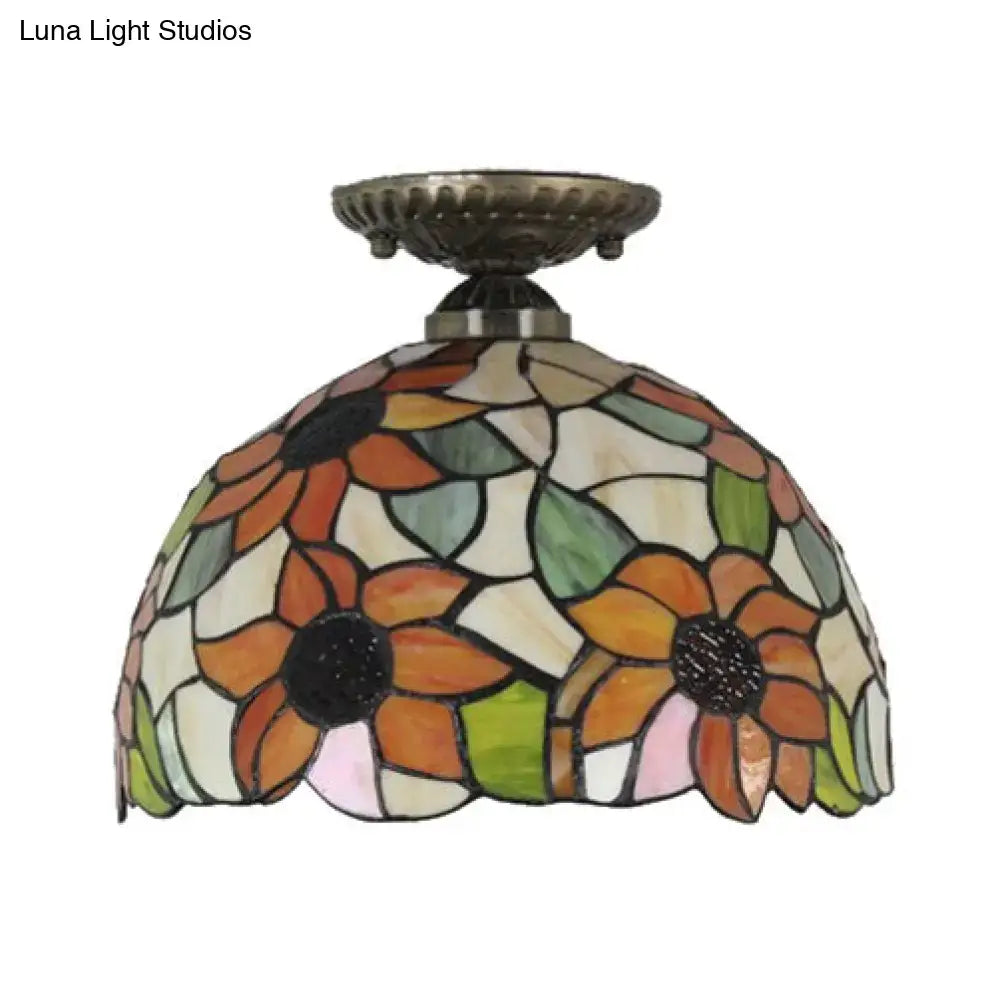 Tiffany sunflower stained glass semi flush mount bedroom light
