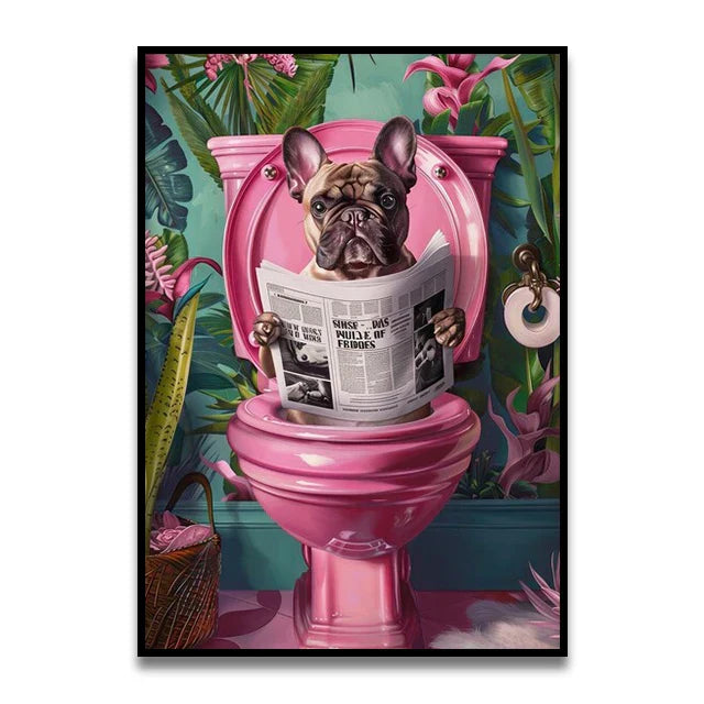 Whimsical pink and white cat bathroom wall art print