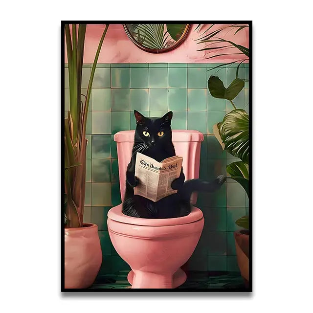 Whimsical pink and white cat bathroom wall art print
