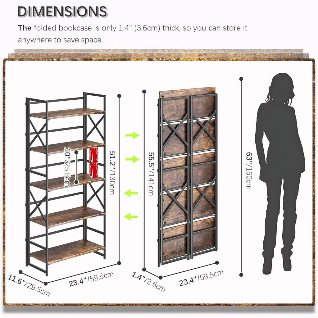 5 Tier Folding Bookshelf No Assembly Rustic Brown Storage
