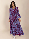 Printed Tie Neck Balloon Sleeve Maxi Dress