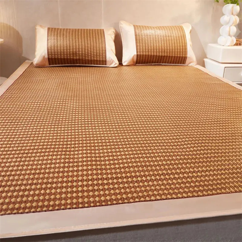 Floral brown woven cooling rattan mat and pillowcase set bedroom bed pad