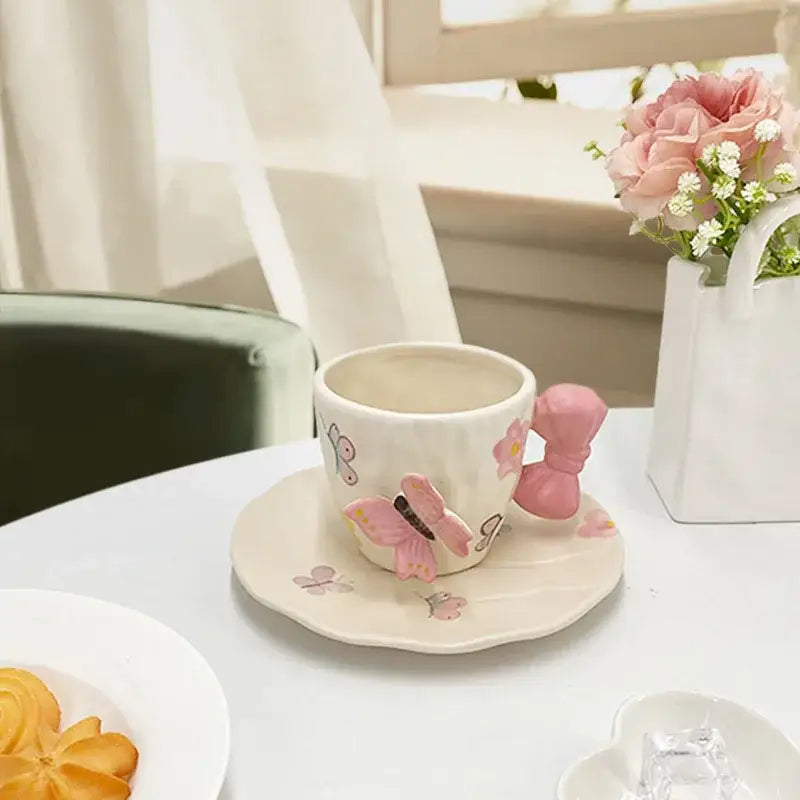 Floral pink & purple butterfly ceramic cup and saucer set dining room