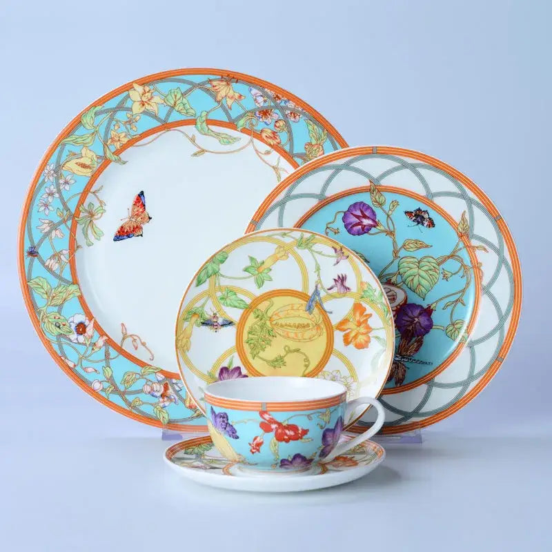 Floral turquoise & gold bone dinnerware set dining room tableware