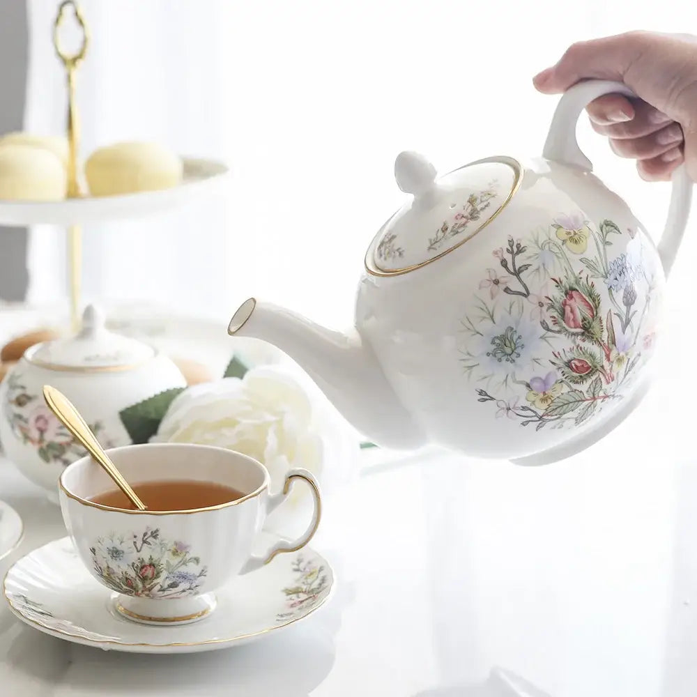 DecorBites™ Bone China Tea Set: Teapot, Teacup, Saucer, Fruit Plate, Tray, Mugs & Tableware