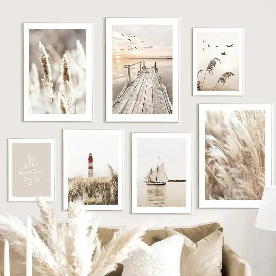 Beige & cream flower grass wall art canvas for living room