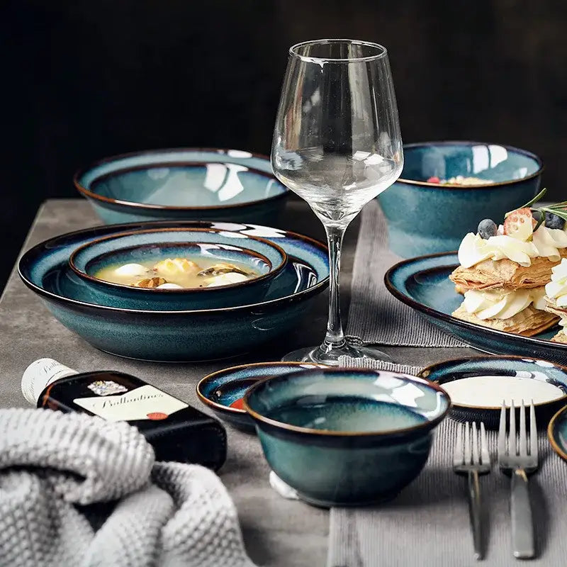Gradient blue ceramic bowl gold rim dining room dinnerware dish