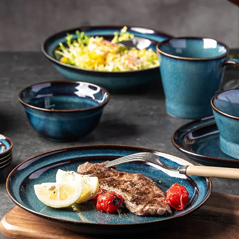 Gradient blue ceramic bowl gold rim dining room dinnerware dish