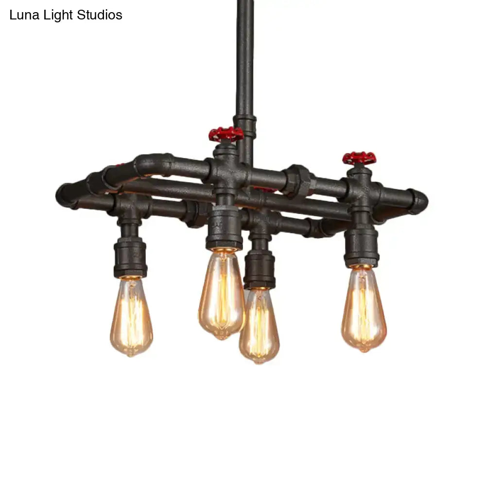 Industrial black pipe hanging ceiling light – dining room red accents
