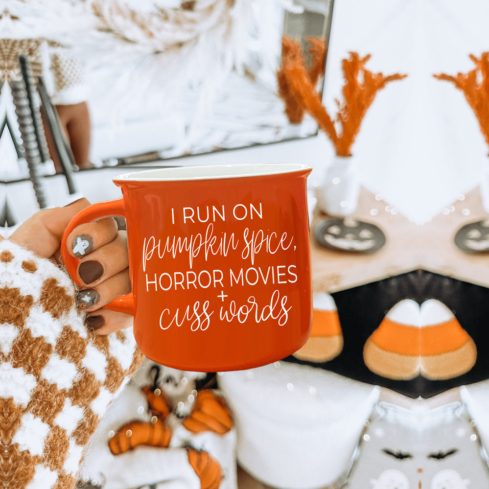 Pumpkin Horror Mug 14.5oz Orange Ceramic Campfire Dual-Sided White Text