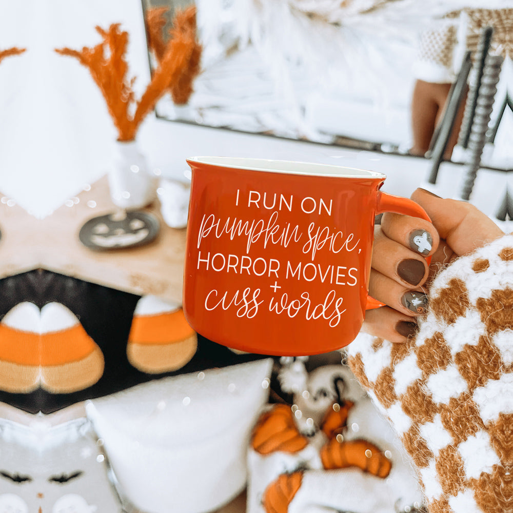 Pumpkin Horror Mug 14.5oz Orange Ceramic Campfire Dual-Sided White Text