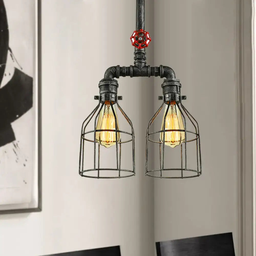 Industrial aged silver & black wire guard ceiling light dining room