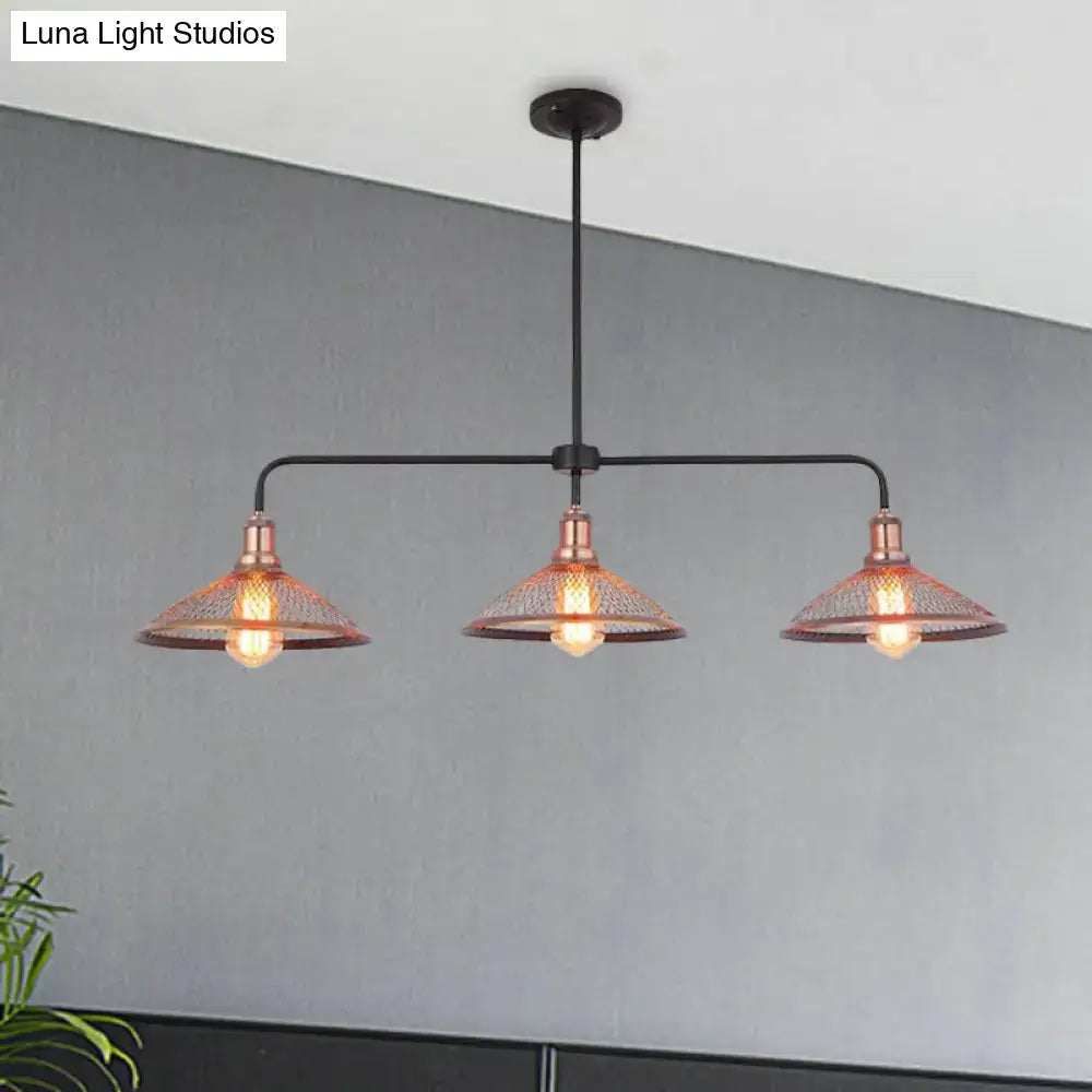 Industrial cage flared black and brass pendant light dining room