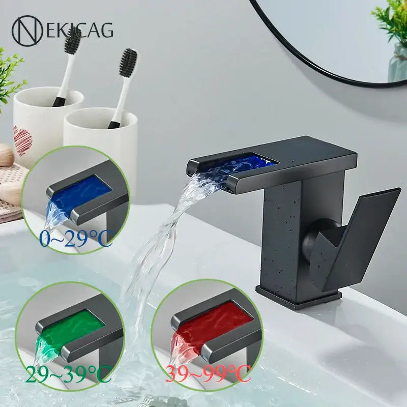 DecorBites™ LED Waterfall Basin Faucet: Black Mixer Tap with Light, Deck Mount Kitchen Sink