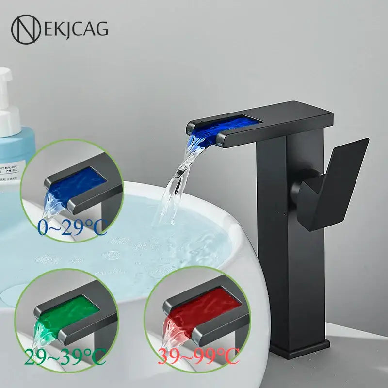 DecorBites™ LED Waterfall Basin Faucet: Black Mixer Tap with Light, Deck Mount Kitchen Sink