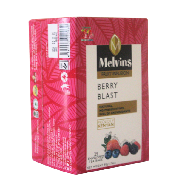 Three-quarter side angle view of Melvins Berry Blast tea box