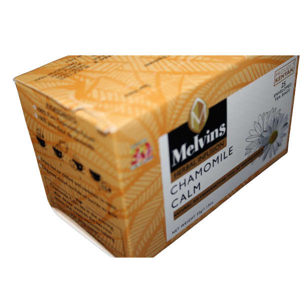 Top side angle of Melvins Chamomile Calm tea box packaging