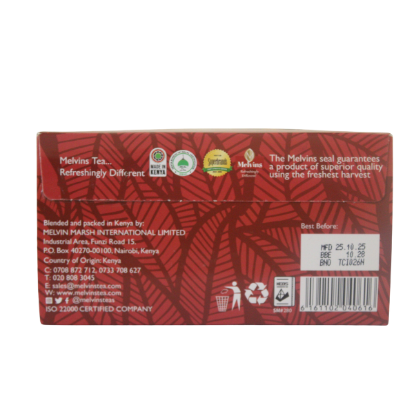 Back panel of Melvins Cinnamon Comfort tea box showing product details and certifications