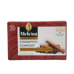 Horizontal front view of Melvins Cinnamon Comfort tea packaging