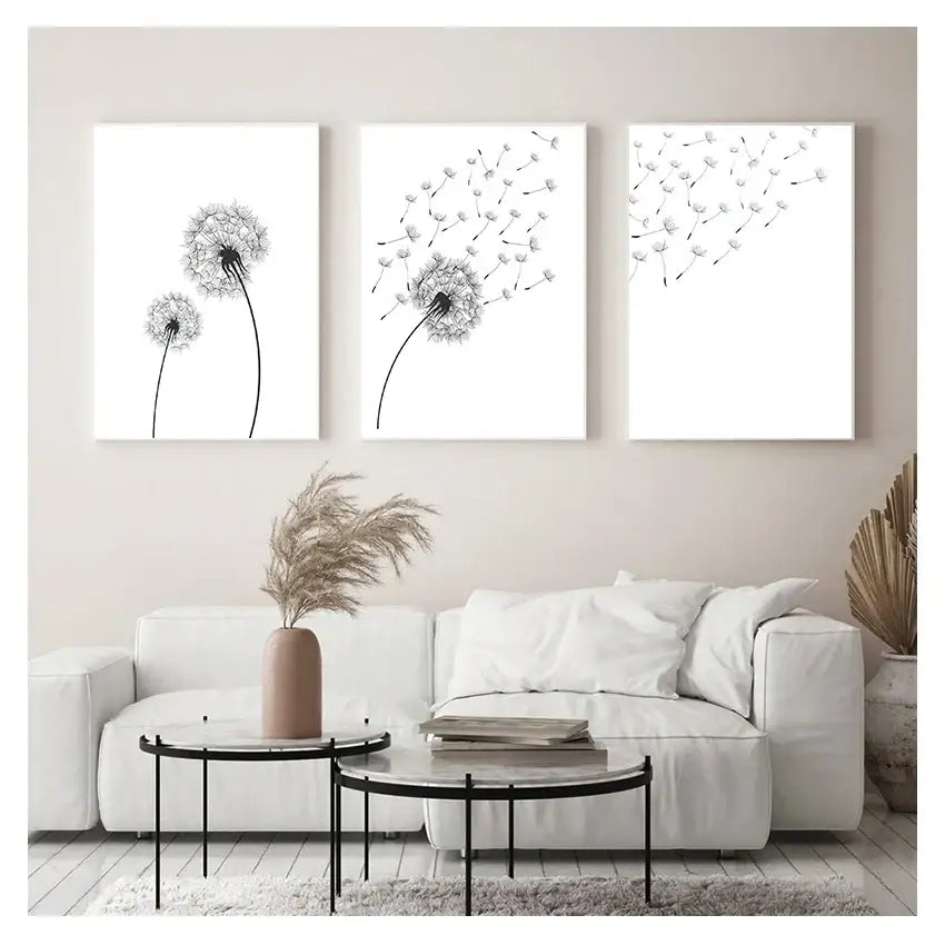 Minimalist dandelion canvas art set with gold frames for living room