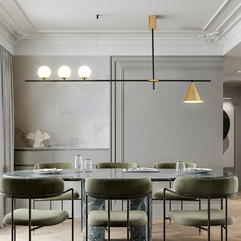 Modern black & brass linear chandelier dining room spherical white glass