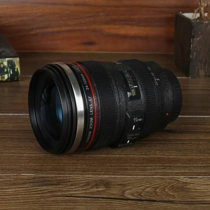 Modern black camera lens cup kitchen self stirring coffee mug