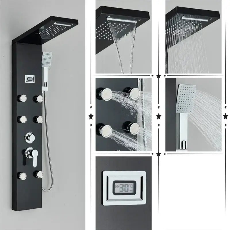 DecorBites™ Black Rainfall Shower Panel Set with Massage System and Temperature Screen