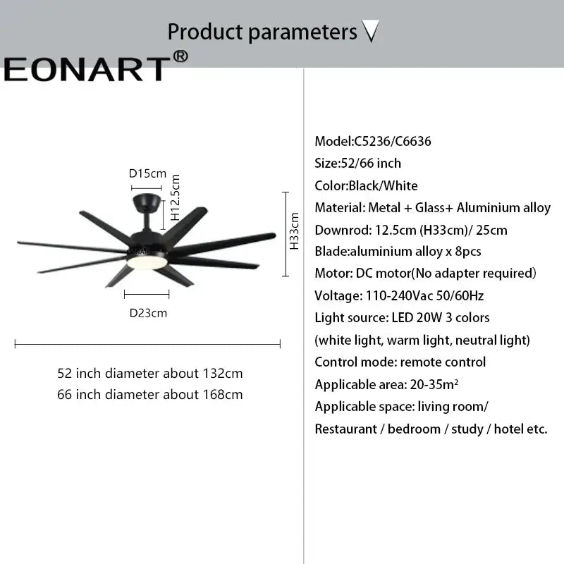 Modern black & white 8-blade ceiling fan with remote control bedroom