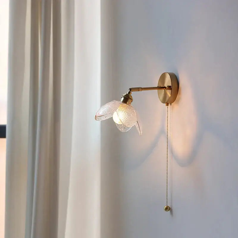 Modern brass and gray glass led wall sconce bedroom light with pull chain