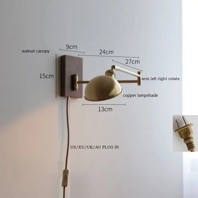 Modern brass canopy led wall light bedroom pull chain switch
