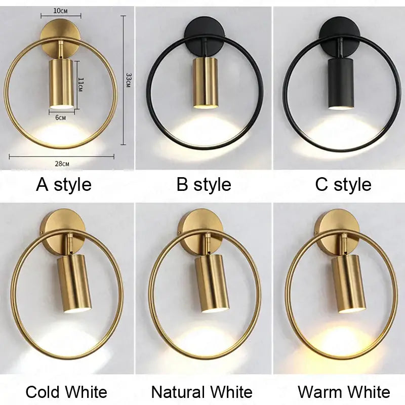 Modern brass ring led wall sconce bedroom gold circular light