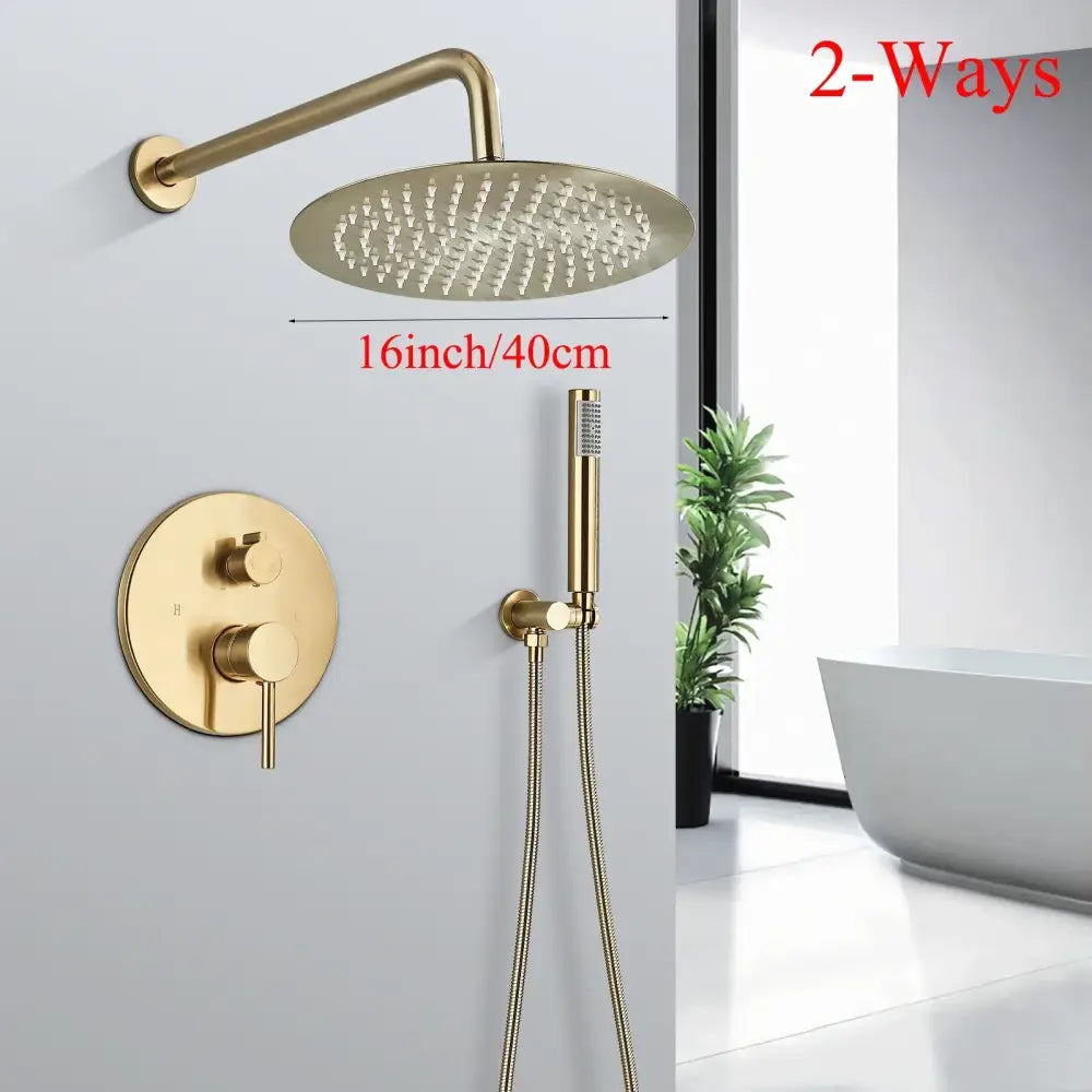 Modern brushed gold shower faucet system with rainfall head for bathroom