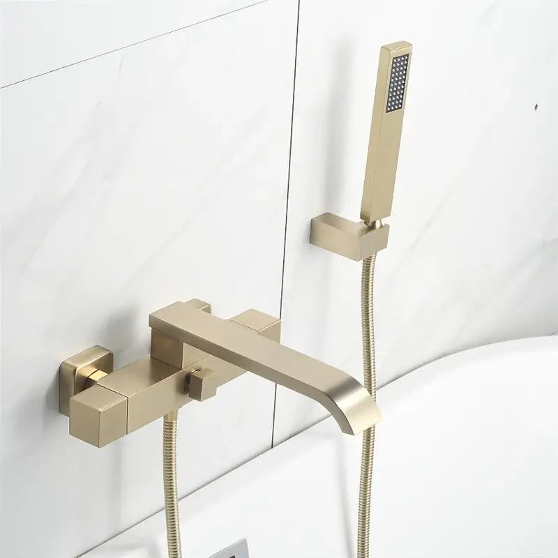 Modern brushed gold wall mounted waterfall bathtub set with handheld