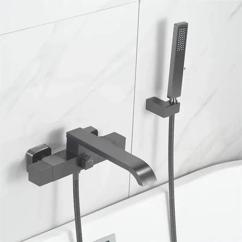 Modern brushed gold wall mounted waterfall bathtub set with handheld