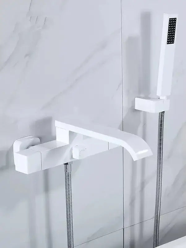 Modern brushed gold wall mounted waterfall bathtub set with handheld