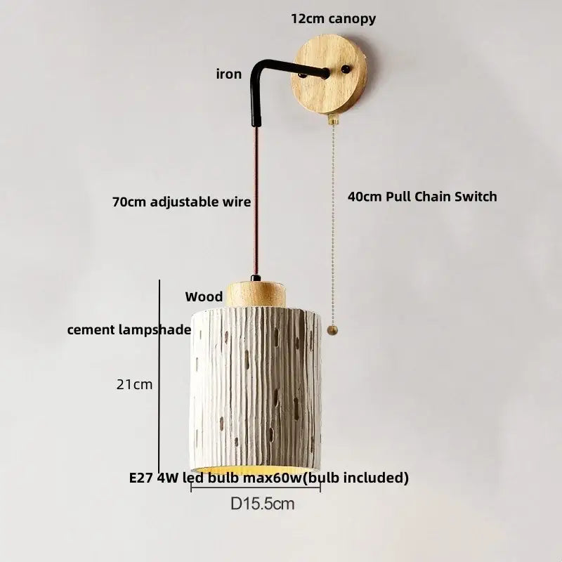 DecorBites™ Cement Wood Wall Light Pull Chain Switch Adjustable Socket Nordic Modern Provencal