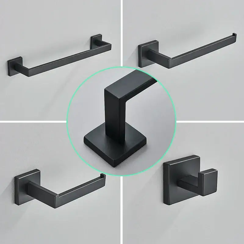 DecorBites™ Black Bathroom Hardware Set: Robe Hook, Towel Rail, Shelf, Tissue Holder
