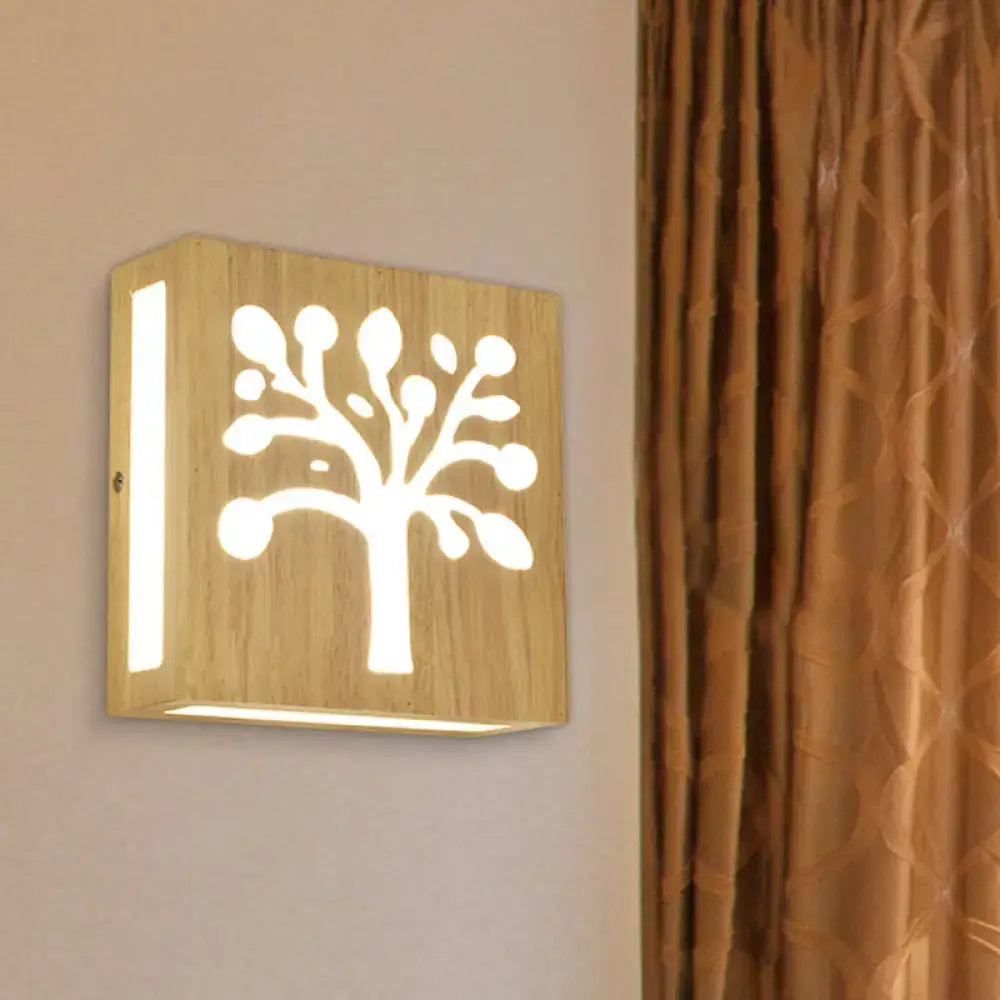 DecorBites™ Modern LED Wood Square Wall Sconce: Beige Bedside Light with Cute Pattern