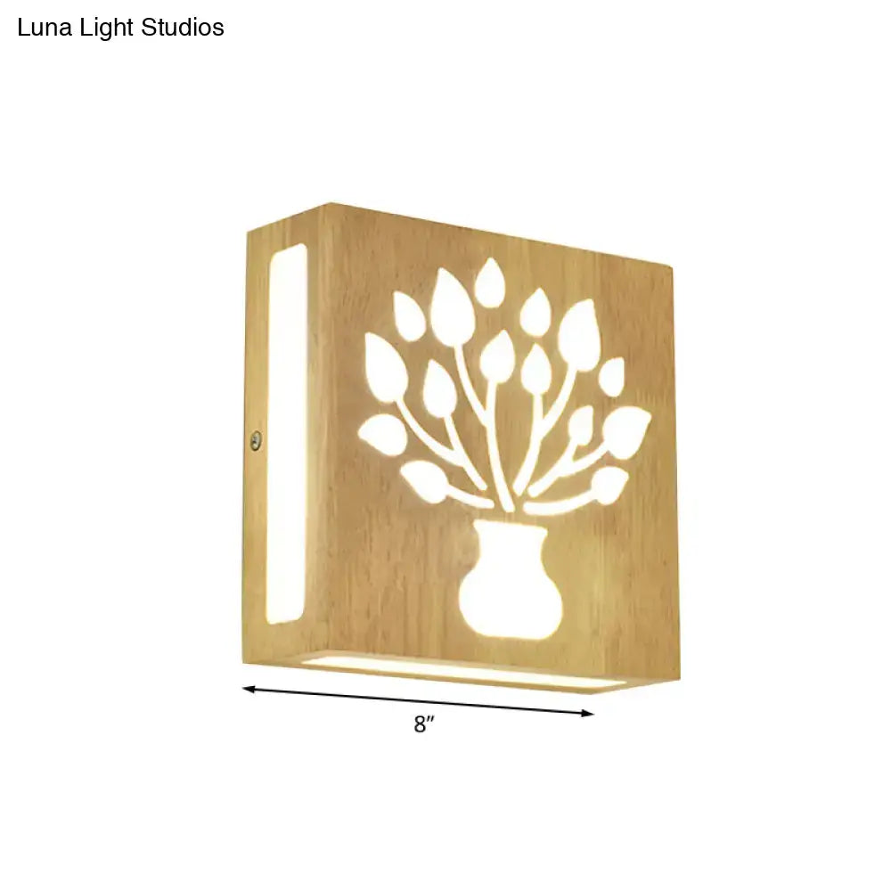 DecorBites™ Modern LED Wood Square Wall Sconce: Beige Bedside Light with Cute Pattern