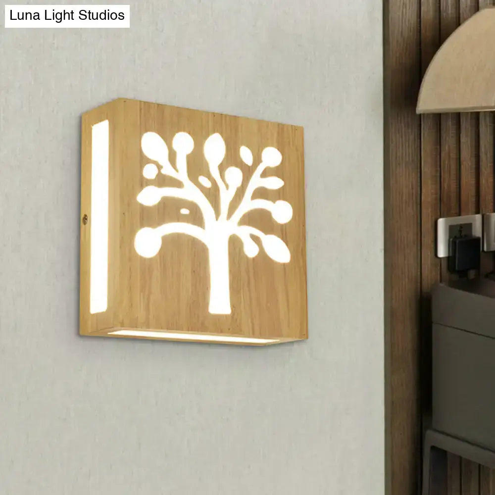 DecorBites™ Modern LED Wood Square Wall Sconce: Beige Bedside Light with Cute Pattern