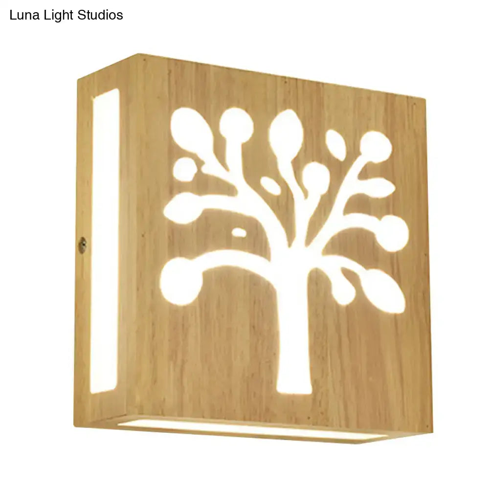 DecorBites™ Modern LED Wood Square Wall Sconce: Beige Bedside Light with Cute Pattern