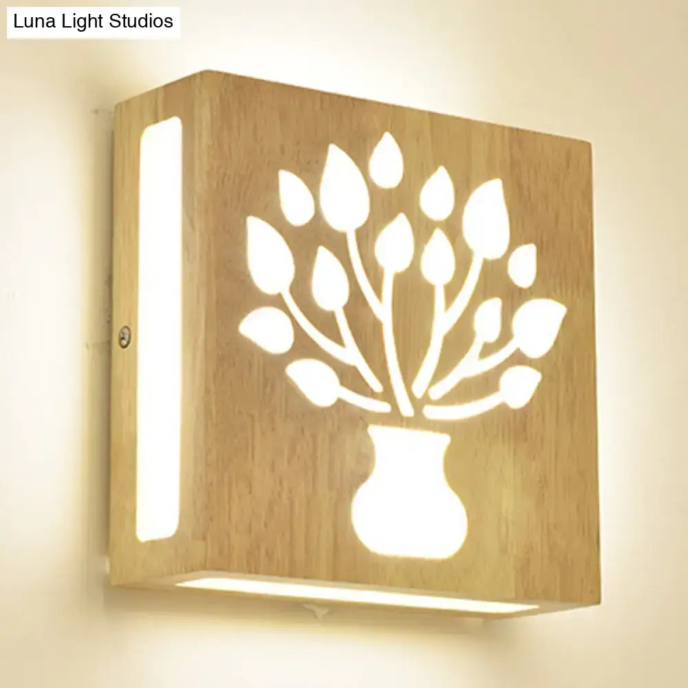 DecorBites™ Modern LED Wood Square Wall Sconce: Beige Bedside Light with Cute Pattern