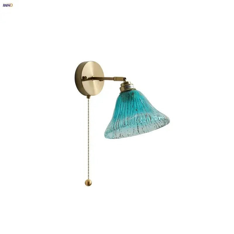 Modern turquoise blue glass wall sconce bedroom pull chain light