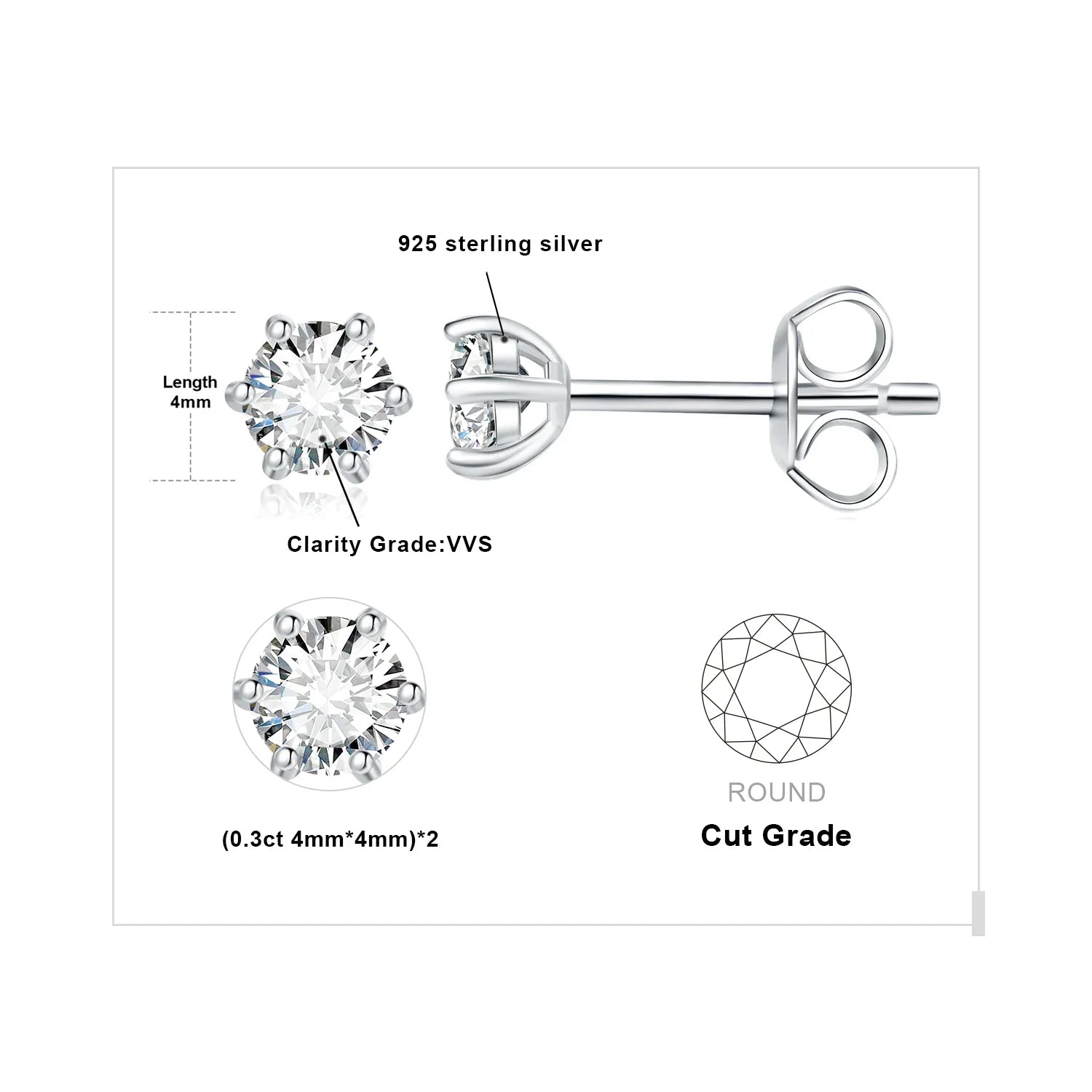 Moissanite D Color Round Solitaire Stud Earrings 0.6-6ct Sterling Silver