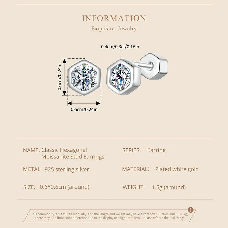Moissanite Hexagonal Stud Earrings 925 Silver Screw-Back Bezel Gift