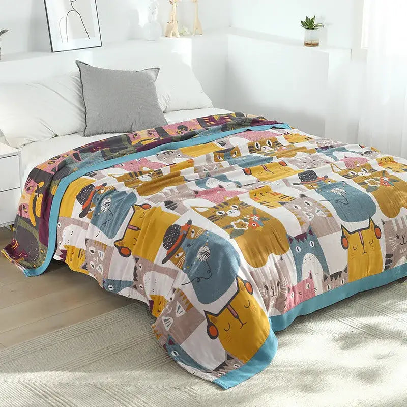 Multicolor boho printed cotton blanket bedroom cat pattern bed throw